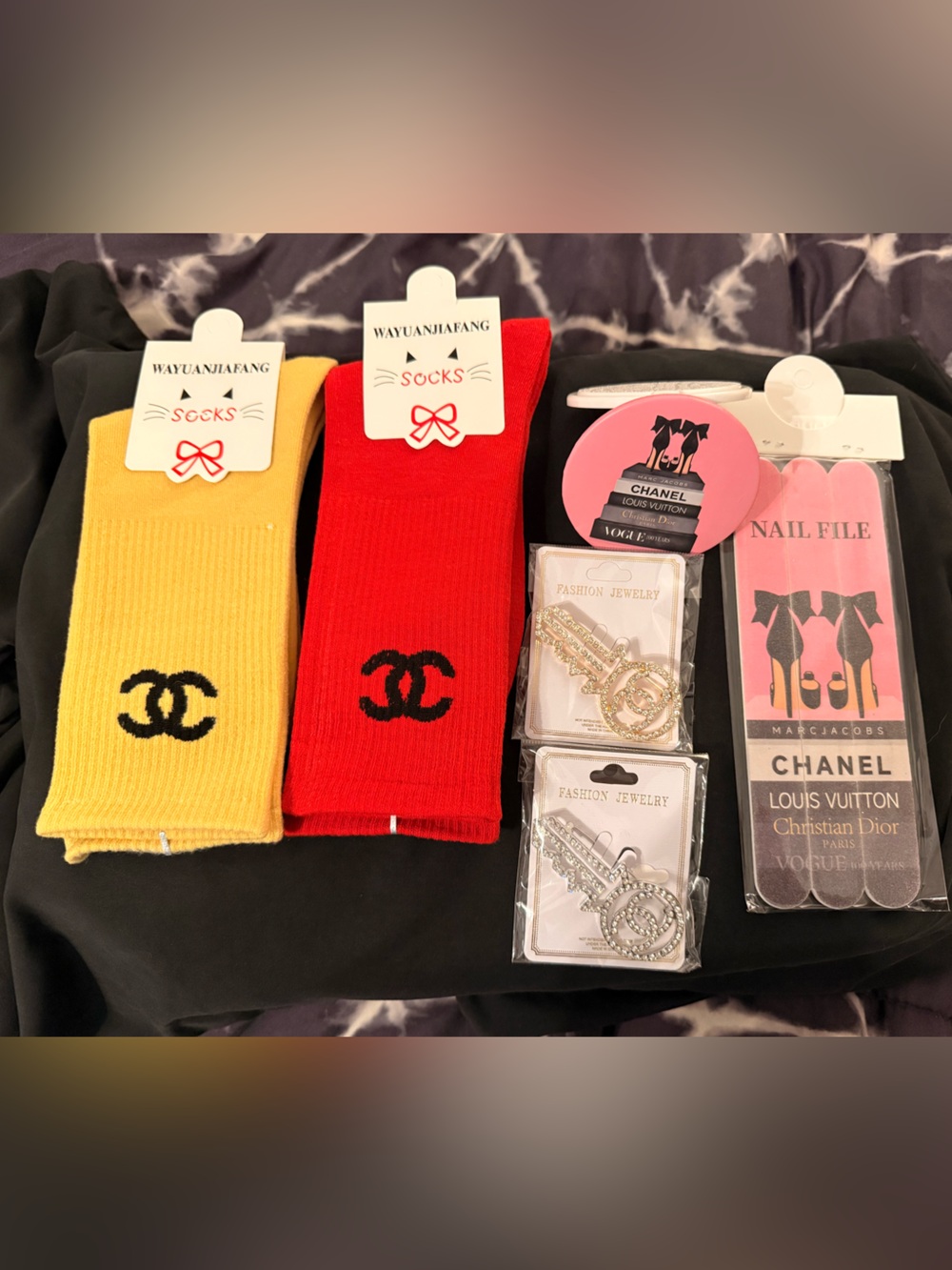 Inspired Fashion Bundle Socks, brooches, mirror & nail file